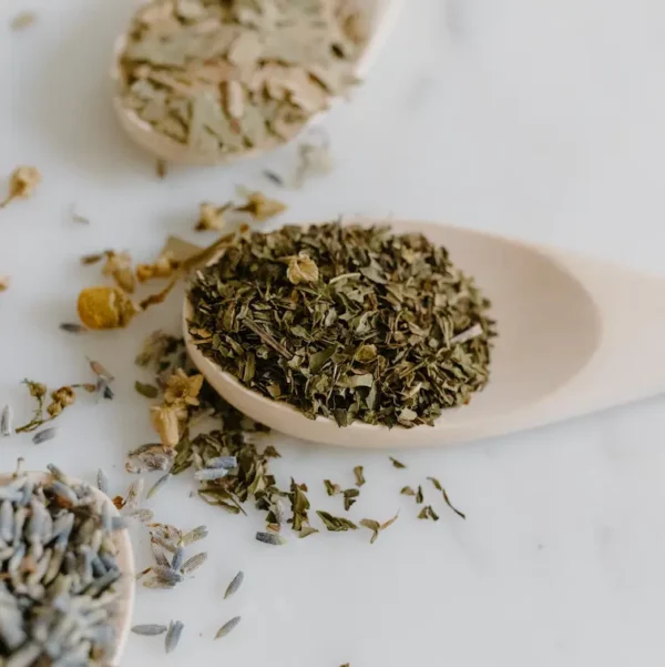 light wooden spoons with dried herbs of mint, lavender, gingko on white table surface