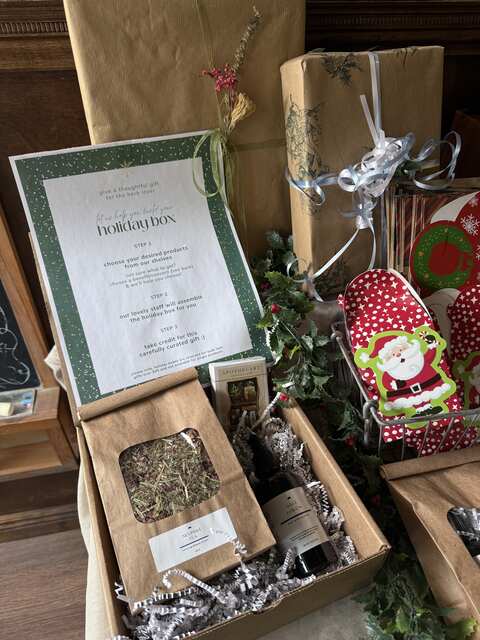 DIY holiday gift box with herbal tea tincture and apothecary deck set